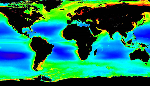 World map shows continents in black with brightly colored oceans in blue and green. 