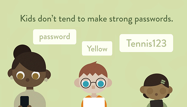 Still from animated video shows three kids and the words "Kids don't tend to make strong passwords."