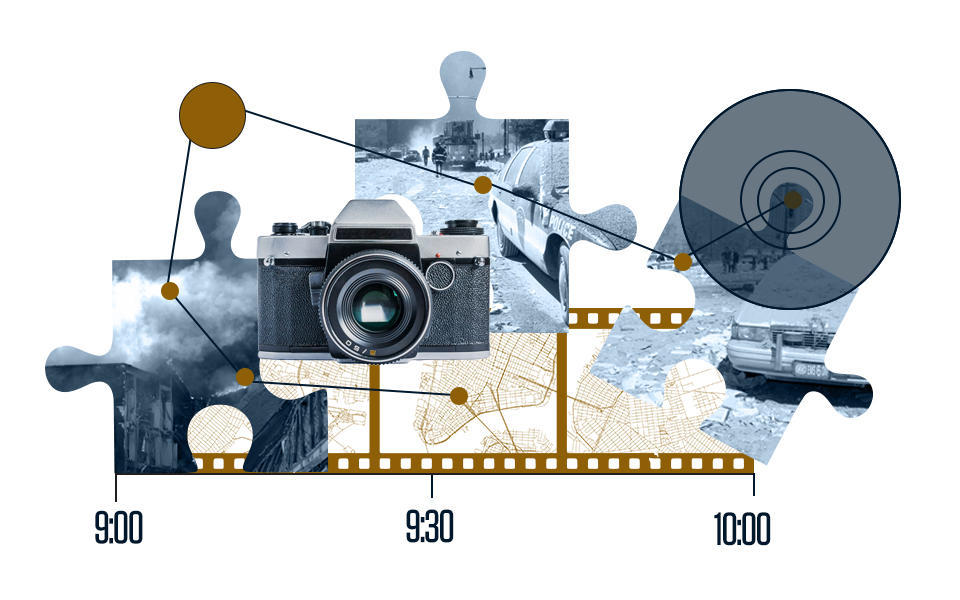 Photo illustration for 9/11 post shows a camera with a timeline and puzzle pieces.