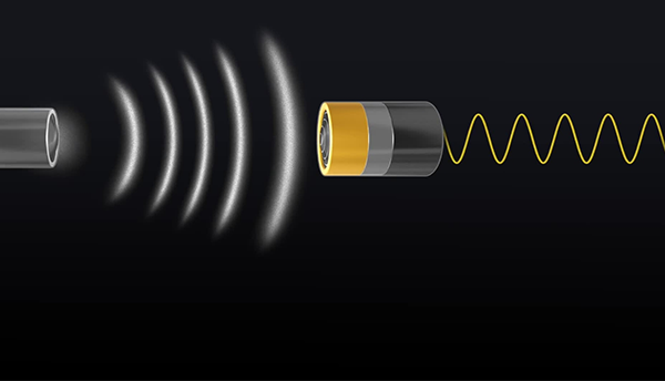 Illustration shows laser on the left with light moving toward the microphone membrane on the right. 