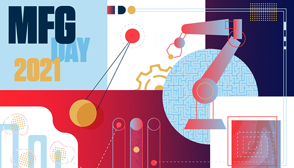 Illustration for MFG Day 2021 shows a robot arm, gears and other manufacturing images. 