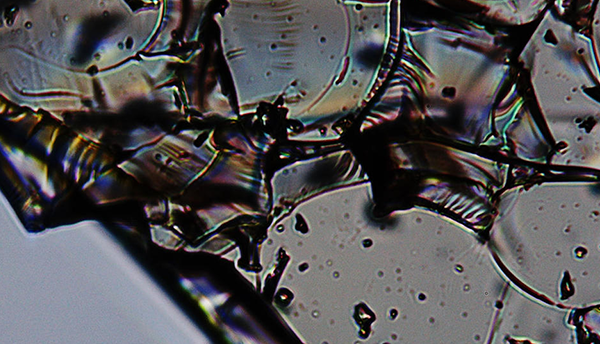 Microscope image of fractured glass shows colorful smudges around the fracture lines. 