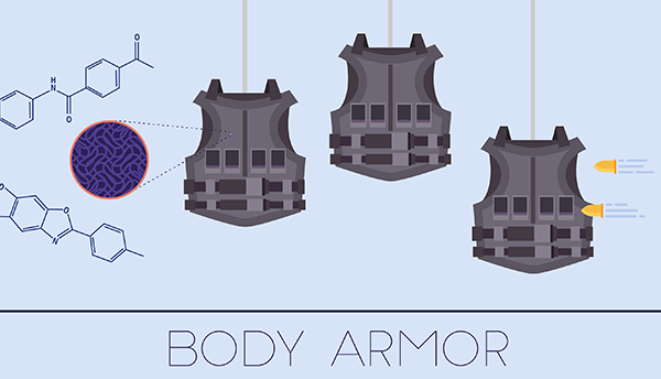 Illustration shows bulletproof vests with flying bullets, chemical symbols and the words "Body Armor."