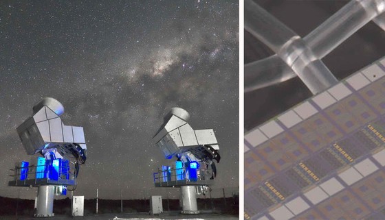 Telescopes in front of a night sky on left; closeup of sensor on right.