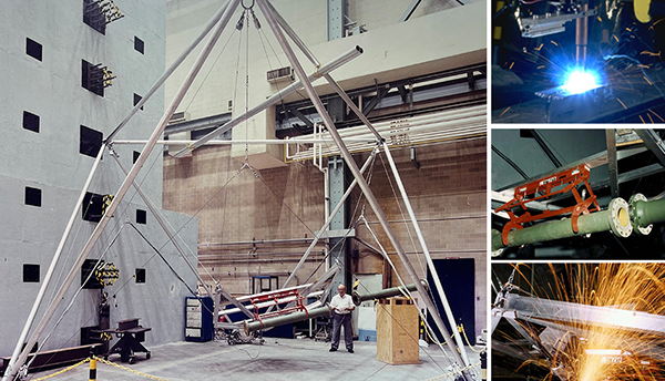 Composite image: large photo of man standing under prototype crane structure; three smaller images of welding and pipes.