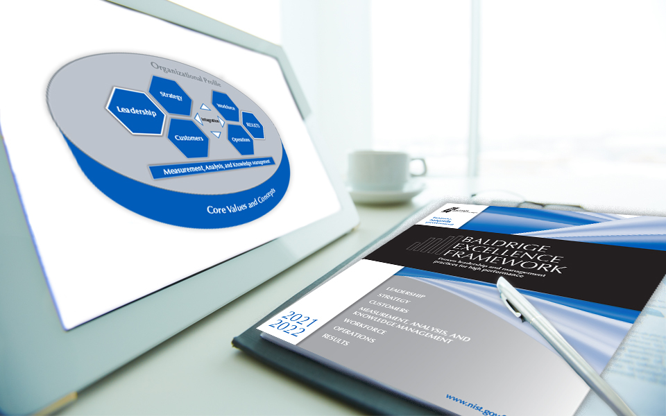 Image of workplace with Baldrige Framework and the overview showing on the monitor.