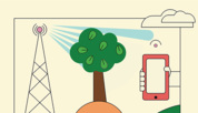 Illustration shows a tree blocking signal from a cell tower to a cellphone. 