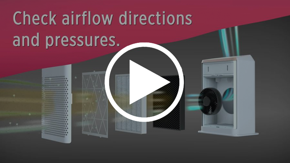 Video still shows air filters and says "Check airflow directions and pressures."