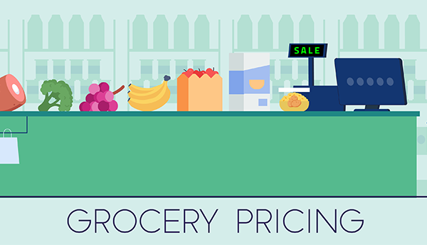 Illustration shows grocery items like meat, broccoli and bananas on the checkout belt with the words "Grocery Pricing."