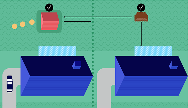 Illustration shows two houses from above with distance marked between house, woodpile and shed for wildfire protection.
