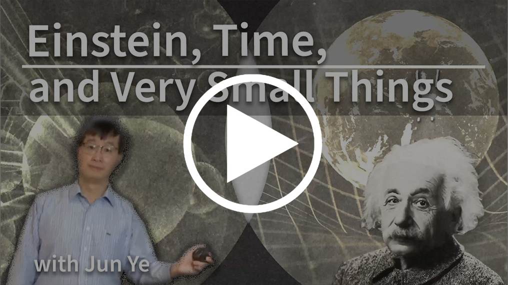 Video title screen shows Einstein and Jun Ye with planets in background.