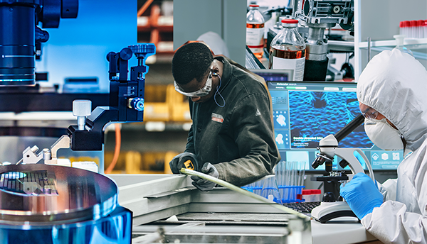 Collage of manufacturing photos shows factory worker, medical equipment, person using microscope.