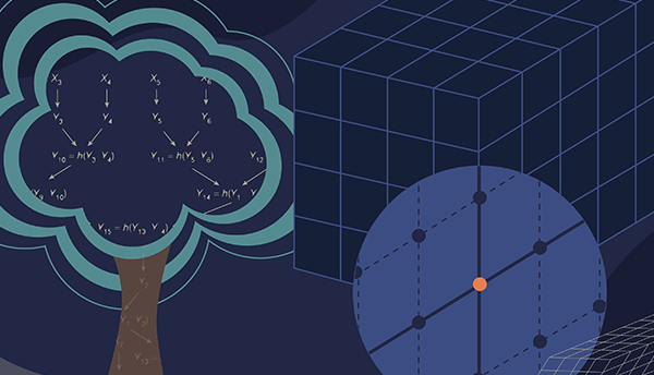 Post-quantum cryptography illustrations shows a tree with algorithms and a lattice pattern. 