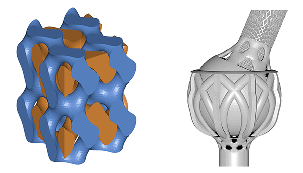 Two sample 3D-printing designs are a colorful blob on the left and a gray joint-like structure on the right.