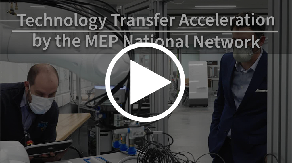 Video title screen shows two people working in a lab setting and reads "Technology Transfer Acceleration by the MEP National Network."