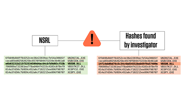 Illustration shows a green box holding text strings from the NSRL and a red box with strings being analyzed by an investigator.