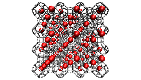 Gray lines connect to form a complex 3D crystal network with red spheres embedded.