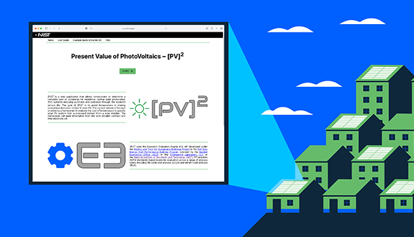 The landing page for the Present Value of PhotoVoltaics web tool is incorporated into an illustration of houses with solar panels on their roofs. 