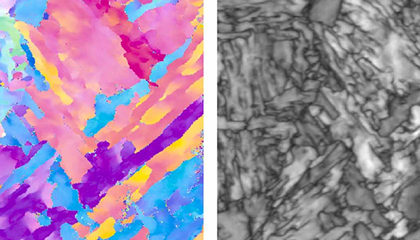Side-by-side micrographs show elongated grains inside 3D-printed stainless steel. The version on the left is colorized, the right is black and white.