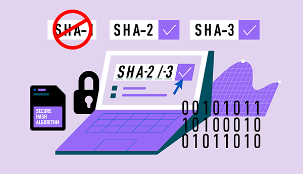 In illustration featuring a laptop, text with the letters SHA-1 is crossed out, with check marks next to the letters SHA-2 and SHA-3.
