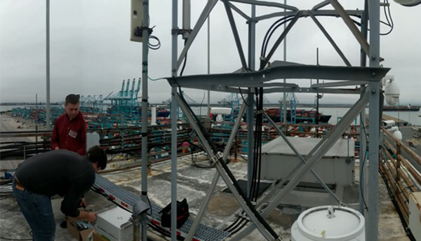 Two people are installing equipment on the roof of a building in Norfolk, with a view of a port and cranes in the background.