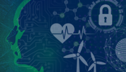 Illustration shows silhouette of person's face with icons of padlock, windmill, steering wheel, medical graph, and other uses of AI.