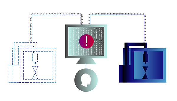 A graphic illustrates information flowing from both real and digital 3D printers on either side of a computer monitored by a person.