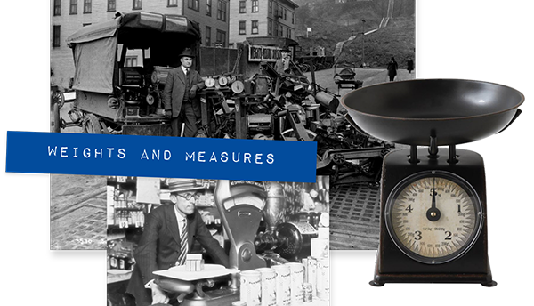 Photo collage has historical photos of scales and measurement devices with label reading "Weights and Measures."