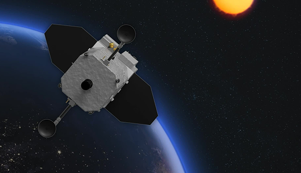 Illustration shows a satellite orbiting the Earth with the Sun in the background.