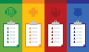 Illustration of four clipboards with checklists showing communications, medical, fire, and law enforcement symbols