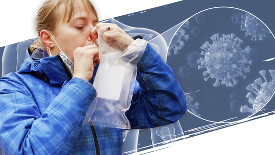 Photo of woman breathing into medical collection bag with image of COVID-19 virus in background