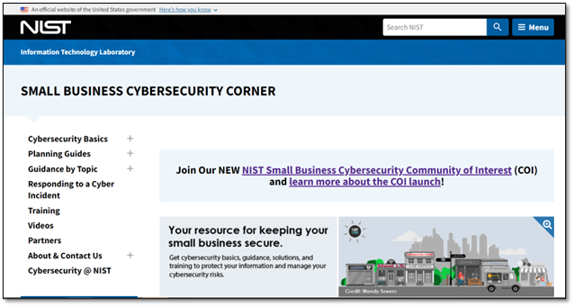 Screenshot of NIST's Small Business Cybersecurity Corner Website