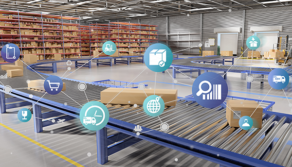 Boxes on a conveyor belt in a warehouse are overlaid with icons representing manufacturing supply chain.