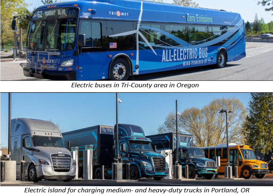 Electric buses and electric island for charging medium- and heavy-duty trucks in Oregon