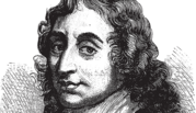 Renaissance-style illustration shows Blaise Pascal in three-quarter view with long dark hair