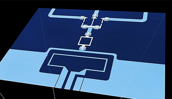 A schematic of the quantum toggle switch shows the rectangular antenna and smaller white square of the SQUID loop with connectors to qubits.