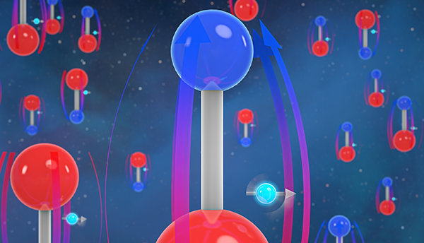 Molecules are red and blue spheres connected by a white cylinder; electrons are light blue spheres with directional arrows pointing through them.