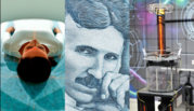 Three-panel image with a person lying in an MRI machine, a historical illustration of Nikola Tesla, and a scientific device. 