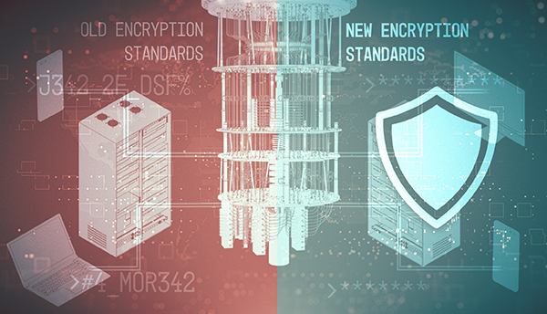 Collage illustration of servers, laptops and phones is divided into left "Old Encryption Standards" and right "New Encryption Standards."