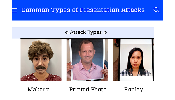 Types of presentation attacks: a person in heavy makeup, a person holding up a printed photo, and a hand holding up a phone image.