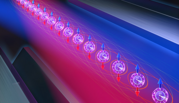 Spin squeezing illustration is a pair of tweezers surrounding a a line of atoms, each with a clock face in the center and an up and down arrow.