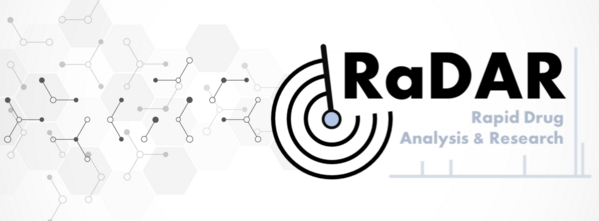 Header image of hexagon DNA network on the left and the RaDAR - Rapid Drug Analysis and Research - logo on the right. 