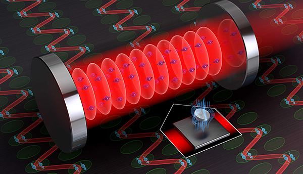 Illustration shows a cylinder containing pairs of strontium atoms with arrows indicating their alignment, with a levitating magnet beside it.