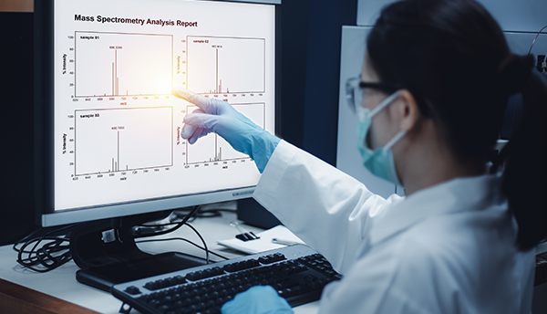 A researcher wearing a mask and gloves points at a computer screen showing graphs labeled "Mass Spectrometry Analysis Report."