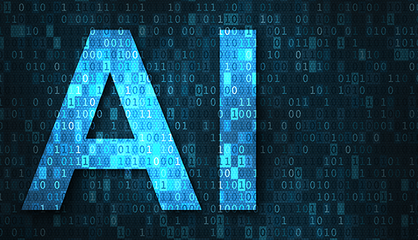 The letters "AI" appear in blue on a background of binary numbers, ones and zeros.