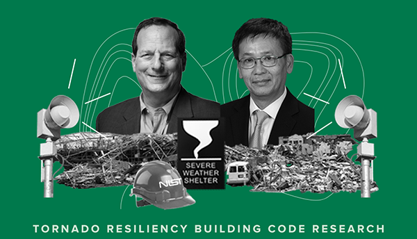 Photos of Marc Levitan and Long Phan are part of a collage of tornado images labeled: Tornado Resiliency Building Code Research