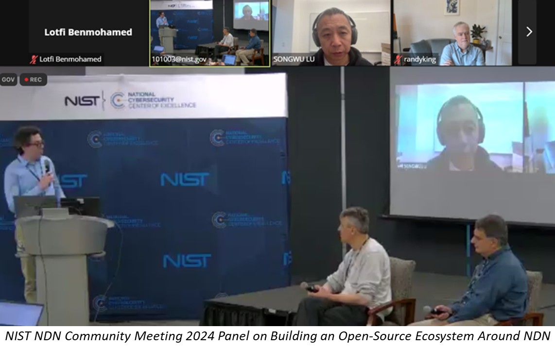 NIST’s Davide Pesavento moderated a Building a NDN Ecosystem panel with panelists Christos Papadopoulos, Constantin Serban, Randy King, and Songwu Lu