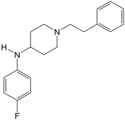 Chemical structure of despropionyl fluorofentanyl (para- isomer shown).