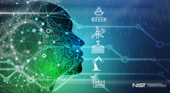 The graphic shows the profile of a human face with futuristic lines and dots, along with icons representing manufacturing.