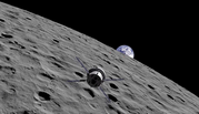 Illustration shows a spacecraft orbiting the Moon with the Earth visible in the background over the lunar horizon.